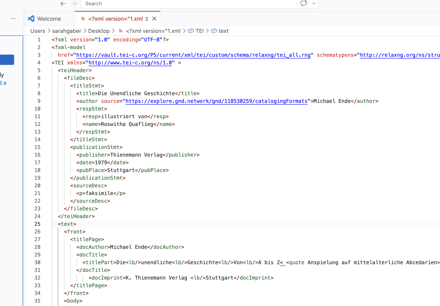 Screenshot einer XML-Auszeichnung nach den Richtlinien der TEI